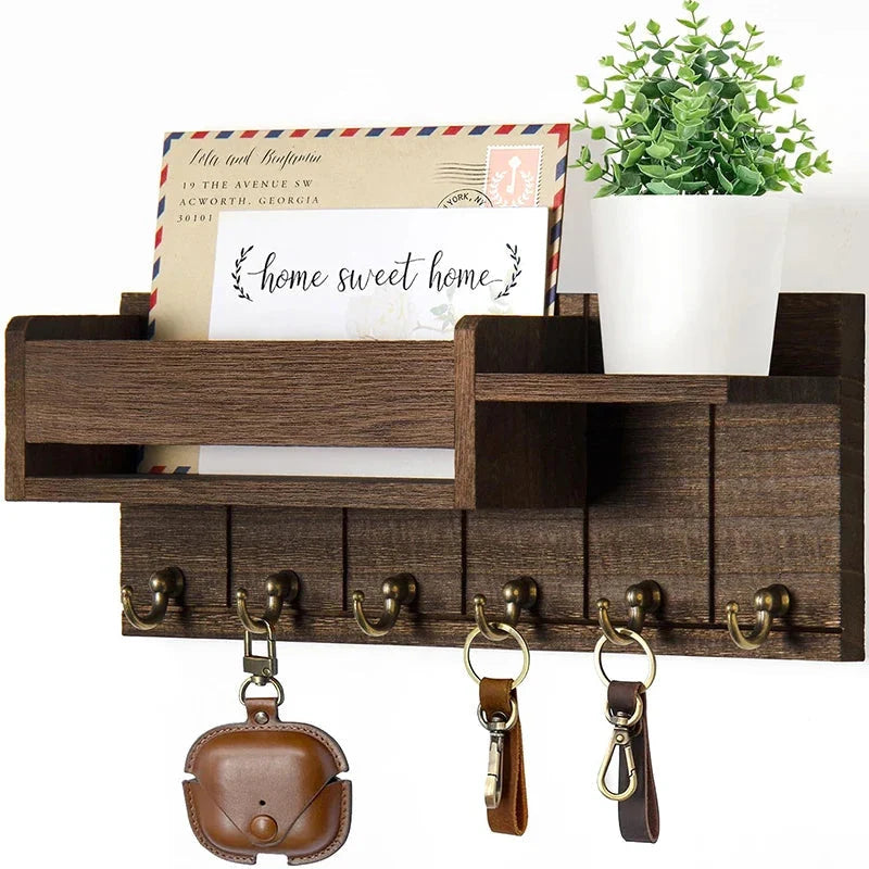 Entryway Key Rack Wood Shelf 6 Hooks & Mail Holder