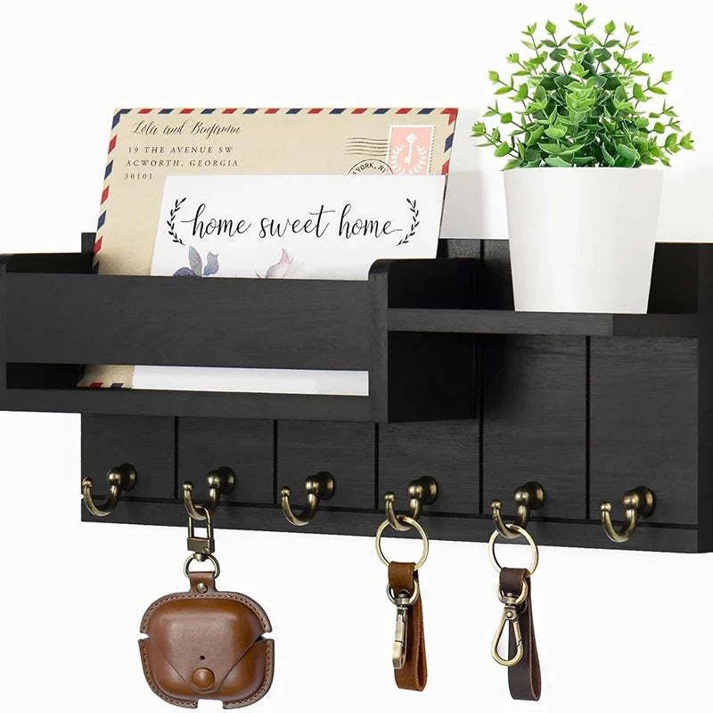 Entryway Key Rack Wood Shelf 6 Hooks & Mail Holder