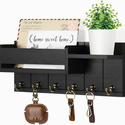 Entryway Key Rack Wood Shelf 6 Hooks & Mail Holder