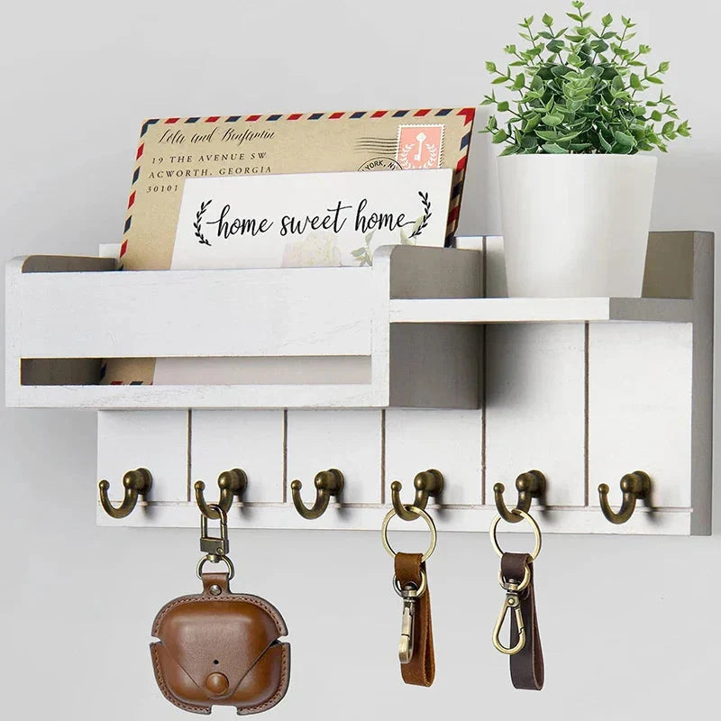 Entryway Key Rack Wood Shelf 6 Hooks & Mail Holder