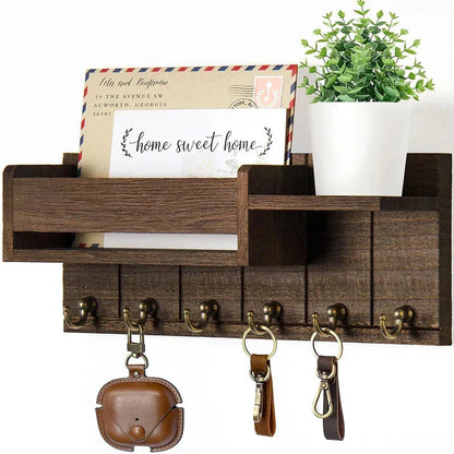 Entryway Key Rack Wood Shelf 6 Hooks & Mail Holder
