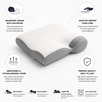Ergonomic Memory Foam Neck Pillow (Ear Recess)