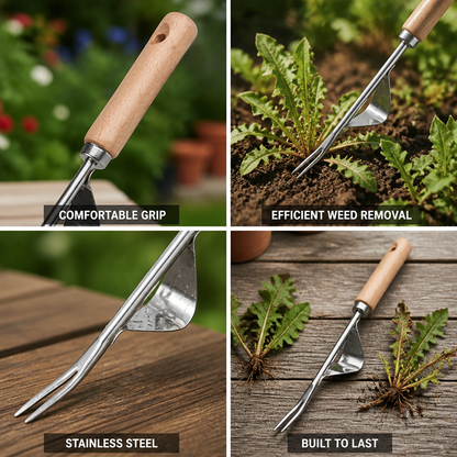 Ergonomic Wooden Handle Stainless Steel Head Weed Puller