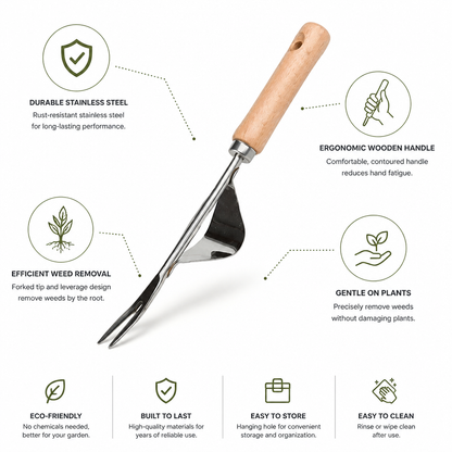 Ergonomic Wooden Handle Stainless Steel Head Weed Puller
