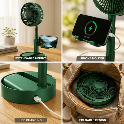 Extendable Table Fan with Phone Holder and USB Charging