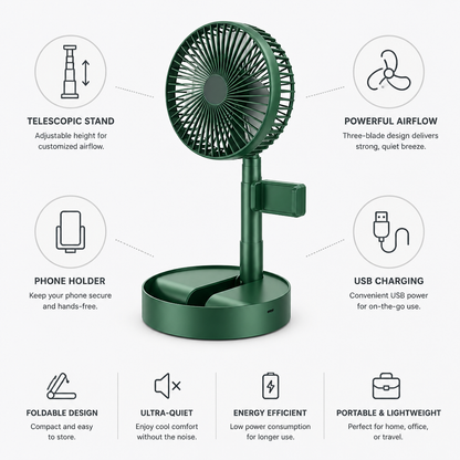 Extendable Table Fan with Phone Holder and USB Charging