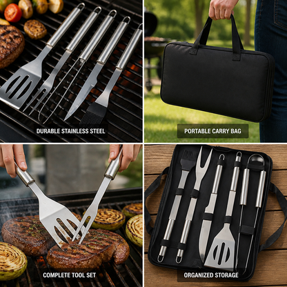 Extended Anti-Slip Stainless Steel Grill Utensil Set (Carrying Bag)