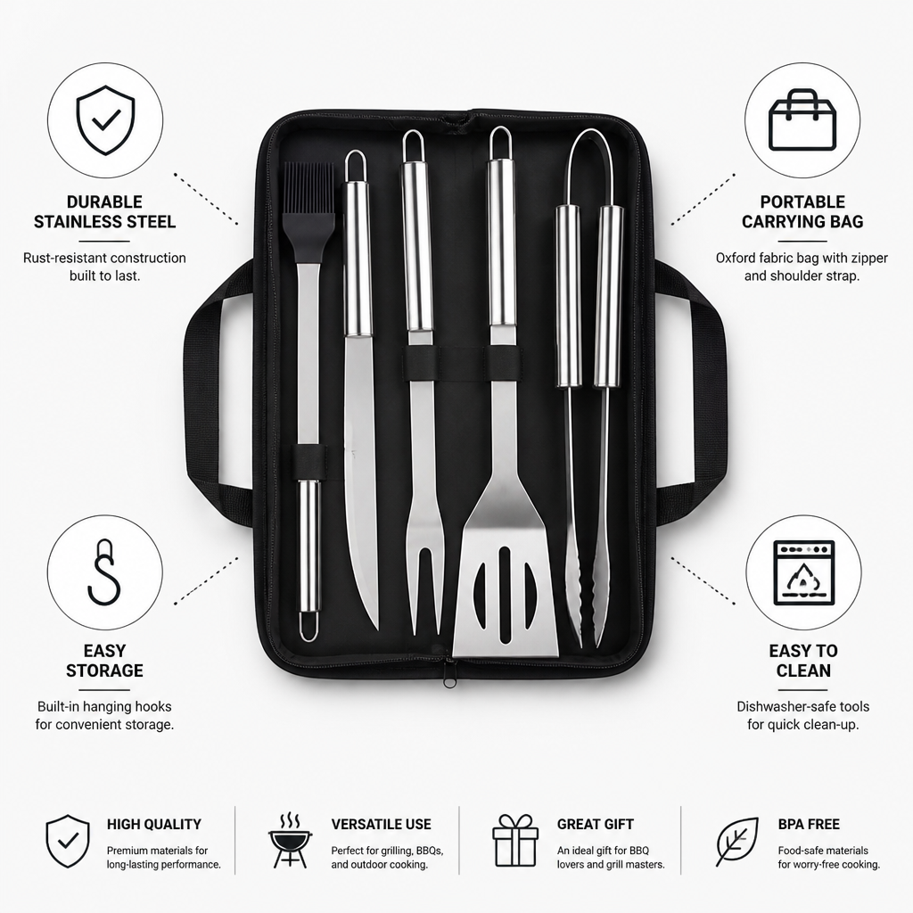 Extended Anti-Slip Stainless Steel Grill Utensil Set (Carrying Bag)