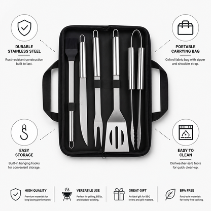 Extended Anti-Slip Stainless Steel Grill Utensil Set (Carrying Bag)