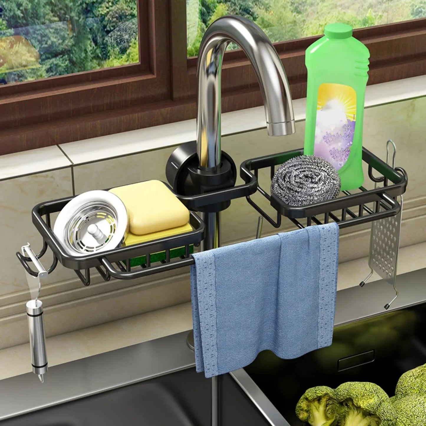 Faucet Organizer Clamp-On Two Baskets & Towel Bar