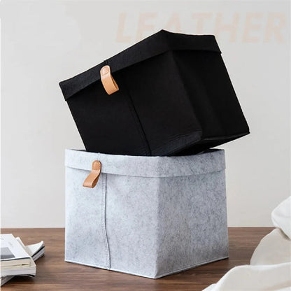 Felt Storage Box Leather Handle Foldable Lid