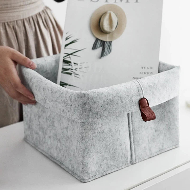 Felt Storage Box Leather Handle Foldable Lid