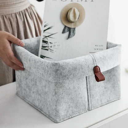 Felt Storage Box Leather Handle Foldable Lid