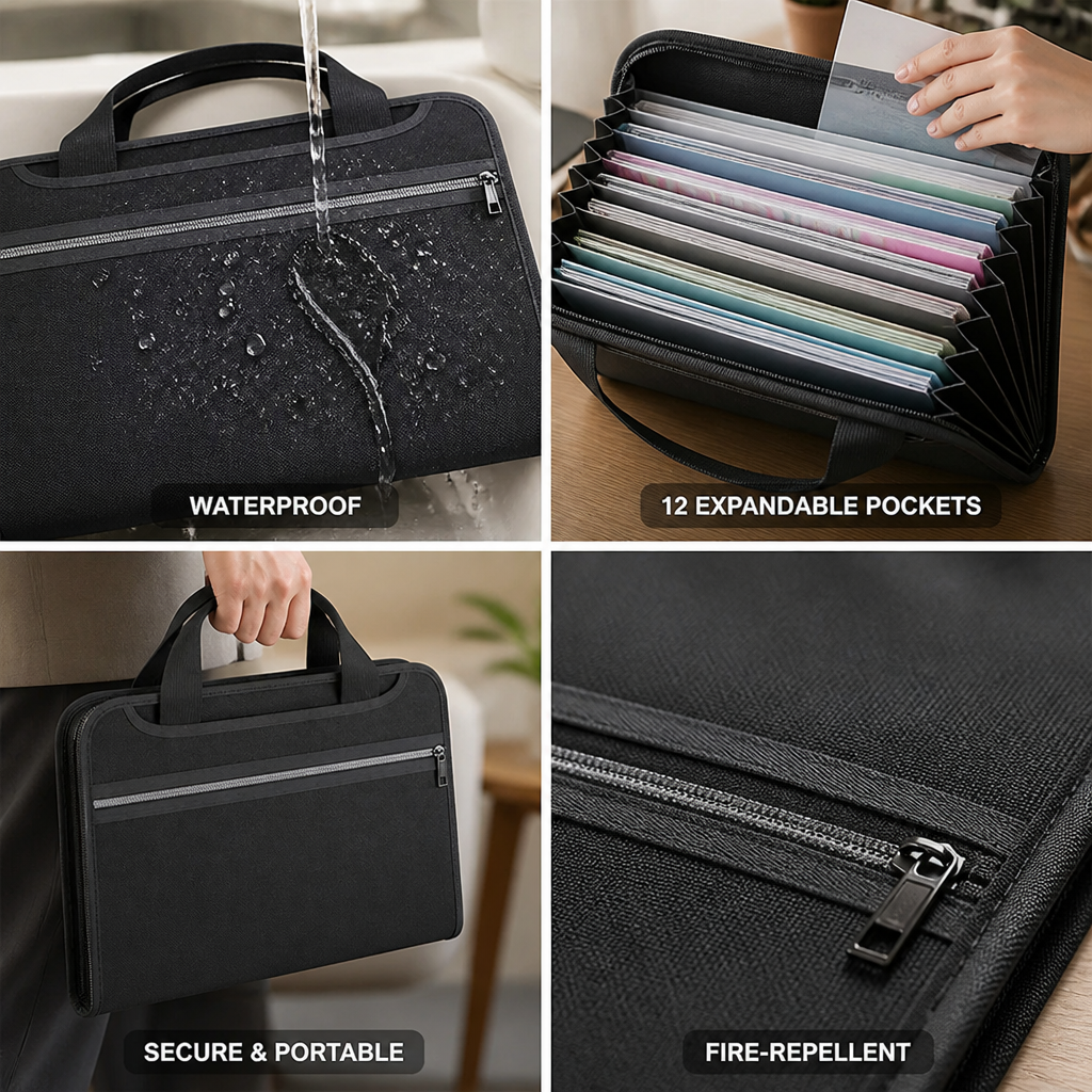 Fire- & Water-Repellent Silicone Document Folder (12 Expandable Compartments)