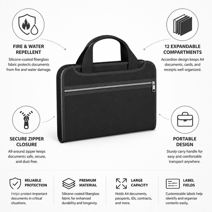 Fire- & Water-Repellent Silicone Document Folder (12 Expandable Compartments)
