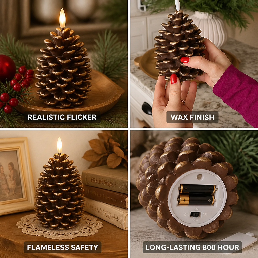 Flameless Candle Pinecone Wax Finish 800 Hour Burn
