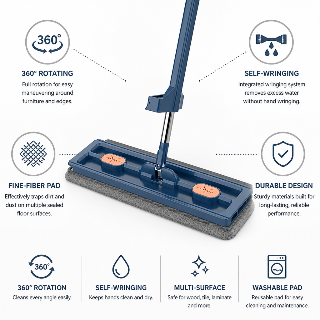 Flat Mop 360° Rotating Self-Wringing Fine-Fiber Pad