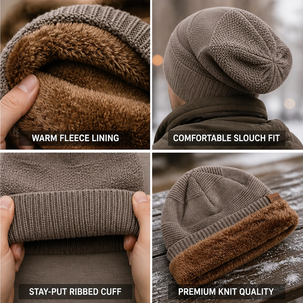 Fleece-Lined Slouchy Ribbed-Cuff Beanie