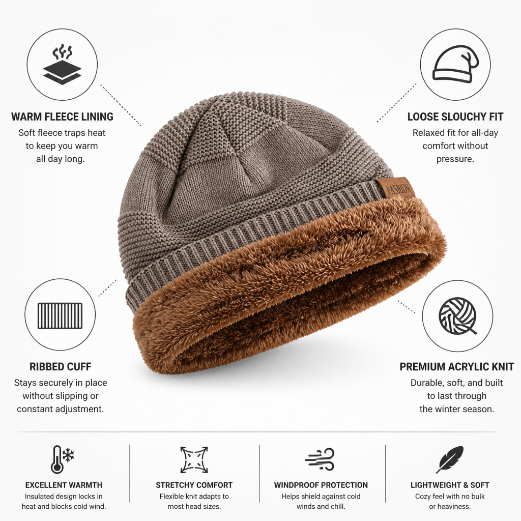 Fleece-Lined Slouchy Ribbed-Cuff Beanie
