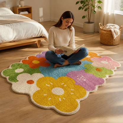 Floral Area Rug Oversized Pattern Cushioned Pile & Scalloped Edge