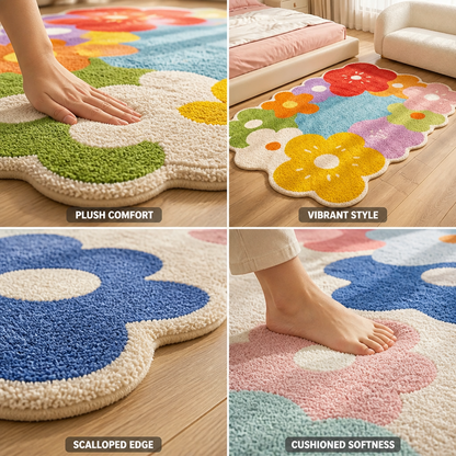 Floral Area Rug Oversized Pattern Cushioned Pile & Scalloped Edge