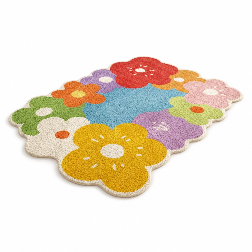 Floral Area Rug Oversized Pattern Cushioned Pile & Scalloped Edge
