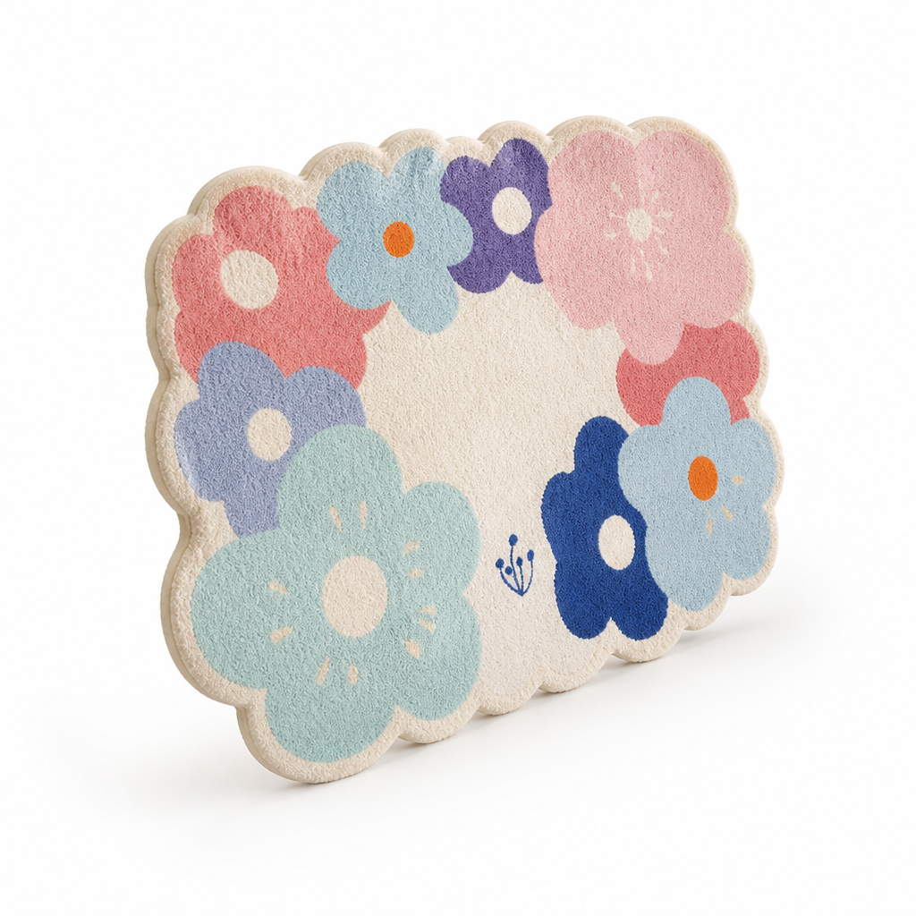 Floral Area Rug Oversized Pattern Cushioned Pile & Scalloped Edge
