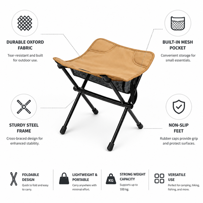 Foldable Camping Stool with Mesh Pocket (Oxford Fabric, Steel Frame)