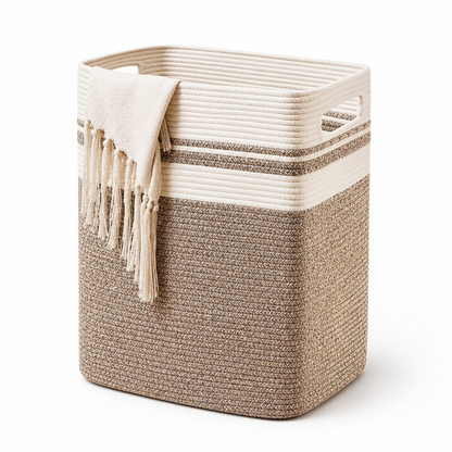 Foldable Woven Cotton Rope Laundry Basket with Side Handles