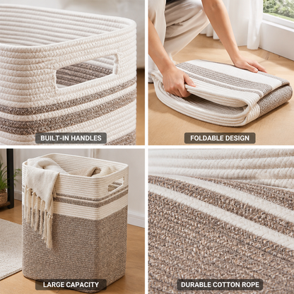 Foldable Woven Cotton Rope Laundry Basket with Side Handles