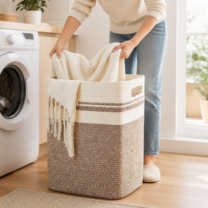Foldable Woven Cotton Rope Laundry Basket with Side Handles