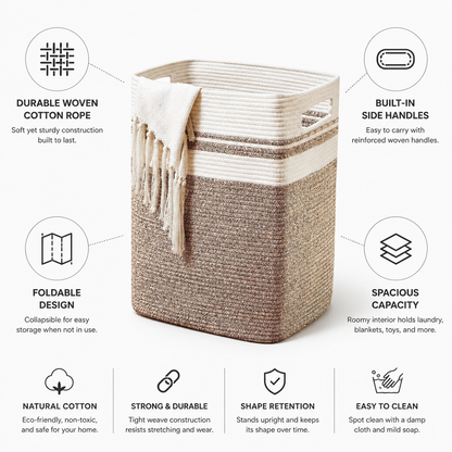Foldable Woven Cotton Rope Laundry Basket with Side Handles