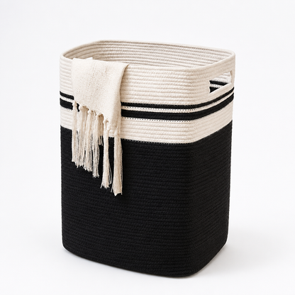 Foldable Woven Cotton Rope Laundry Basket with Side Handles