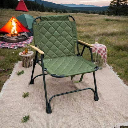 Folding Camping Chair Reinforced Steel Padded Seat Wood Armrests