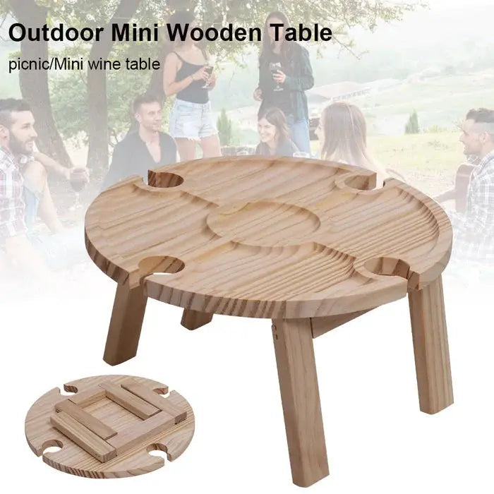 Folding Picnic Table Solid Wood Compact With Wine Slots