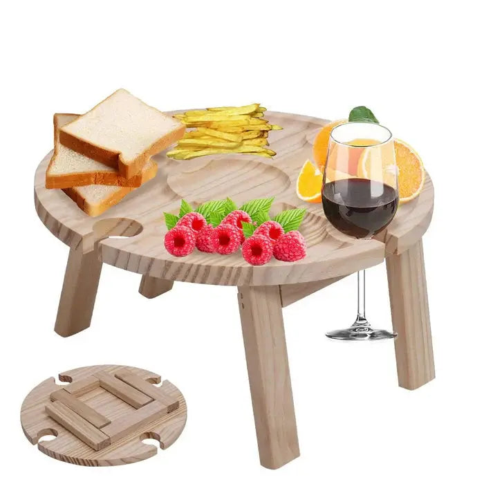 Folding Picnic Table Solid Wood Compact With Wine Slots