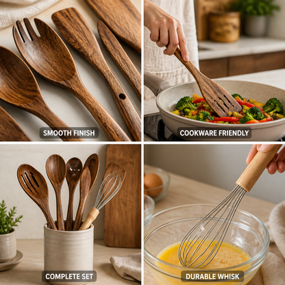 Food-Safe Hardwood with Stainless Steel Whisk Kitchen Utensil Set (11-Piece)