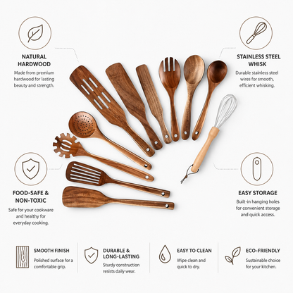 Food-Safe Hardwood with Stainless Steel Whisk Kitchen Utensil Set (11-Piece)