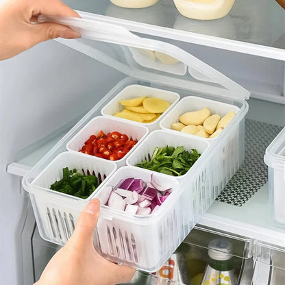 Fridge Storage Box 6-Compartment Drainage & Airtight Lid
