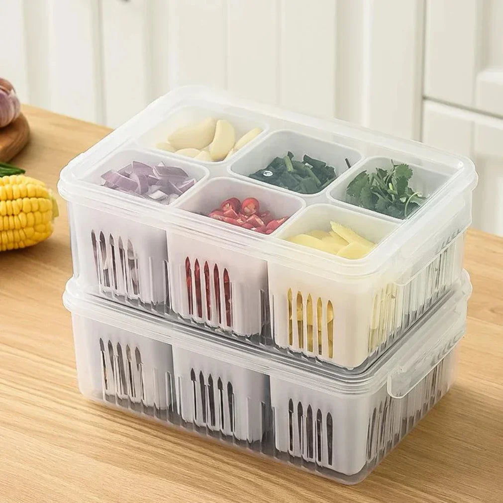 Fridge Storage Box 6-Compartment Drainage & Airtight Lid