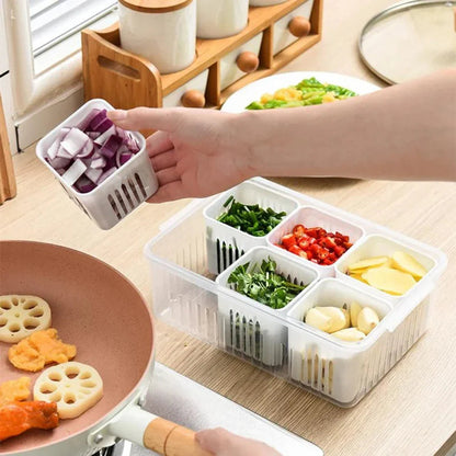 Fridge Storage Box 6-Compartment Drainage & Airtight Lid