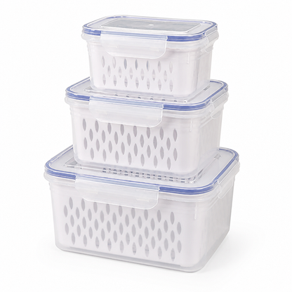 Fridge Storage Boxes Drain Strainer & Leak-Proof Set of 3