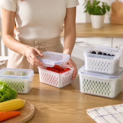 Fridge Storage Boxes Drain Strainer & Leak-Proof Set of 3