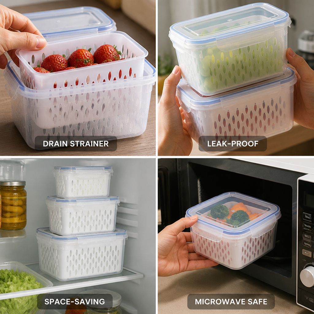 Fridge Storage Boxes Drain Strainer & Leak-Proof Set of 3