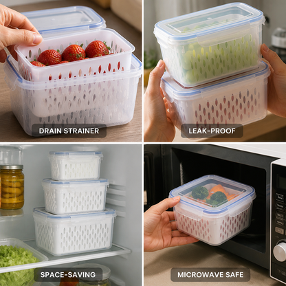 Fridge Storage Boxes Drain Strainer & Leak-Proof Set of 3