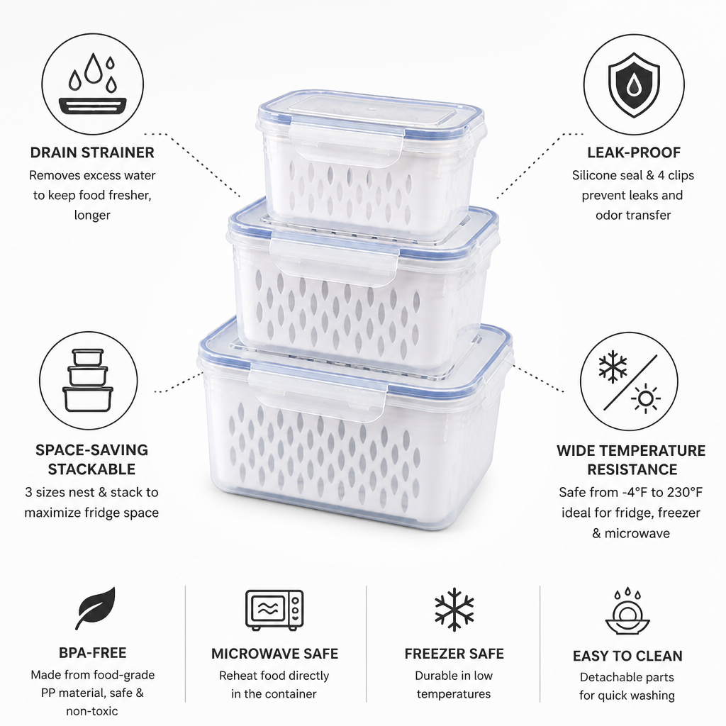 Fridge Storage Boxes Drain Strainer & Leak-Proof Set of 3