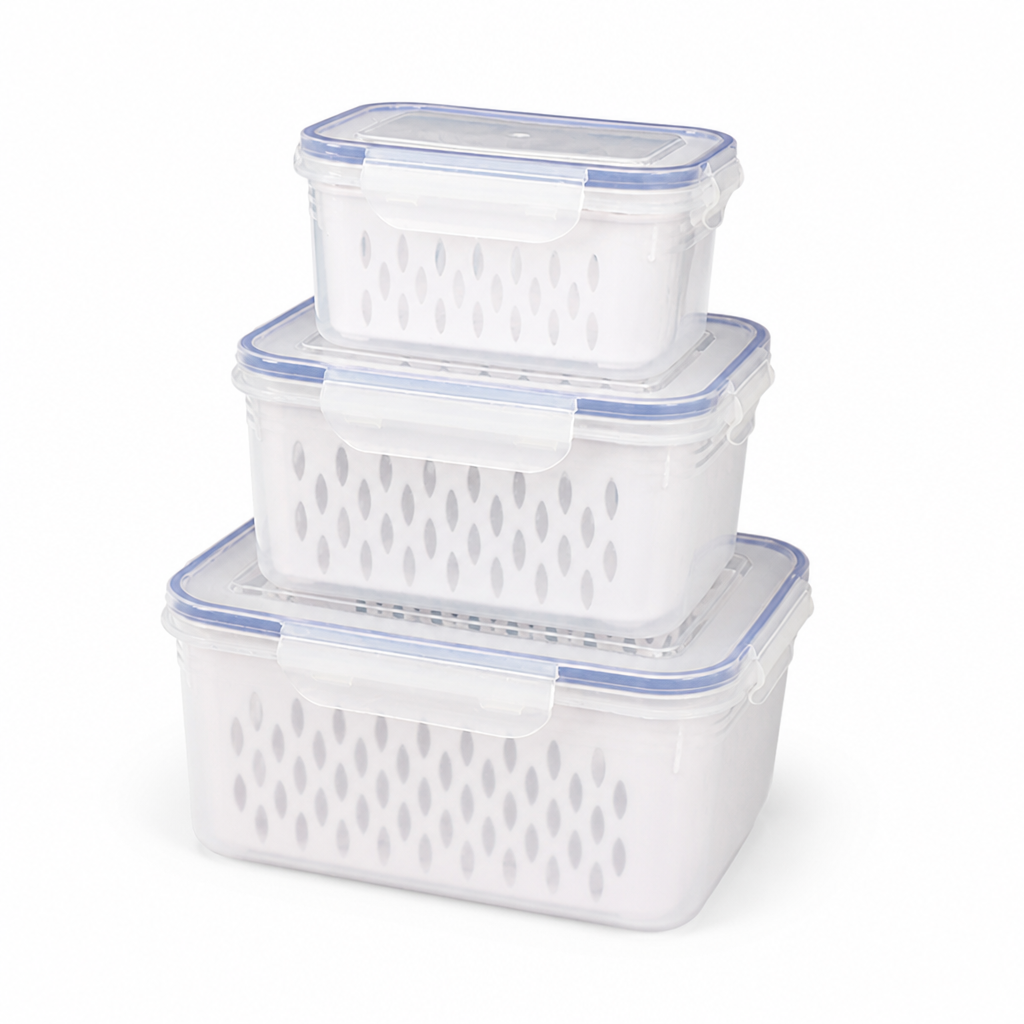 Fridge Storage Boxes Drain Strainer & Leak-Proof Set of 3