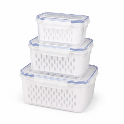 Fridge Storage Boxes Drain Strainer & Leak-Proof Set of 3