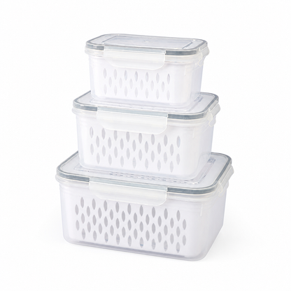 Fridge Storage Boxes Drain Strainer & Leak-Proof Set of 3
