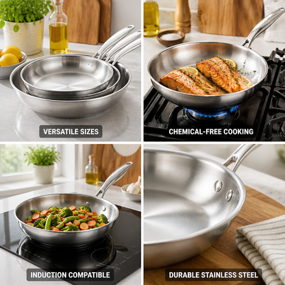 Frying Pan Set Three-Piece Uncoated Stainless Steel Induction Compatible